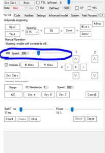 Вот тут есть ползунок регулировки скорости, в чем суть вопроса. При перемещении ползунка практически не изменяется скорость прохода лазера. Даже когда задаю скорость 1000мм. Из-за этого рисовать небольшую картинку занимает по 4-5 часов, наверняка это еше и пагубно сказывается на работе лазера... (5012 просмотров) <a class='original' href='./download/file.php?id=111687&mode=view' target=_blank>Загрузить оригинал (19.83 КБ)</a>