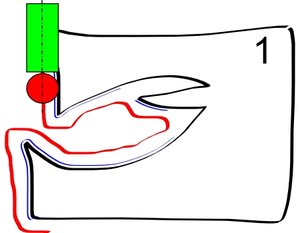 обходим контур &quot;из бесконечности&quot; (из абрисового прямоугольника-заготовки в вашем смысле) торцевой пальчиковой цилиндрической фрезой D. Получаем красную траекторию. Синим цветом обозначено ЧИСТОВОЕ КАСАНИЕ желаемого контура детали. (5950 просмотров) <a class='original' href='./download/file.php?id=238&mode=view' target=_blank>Загрузить оригинал (49.42 КБ)</a>