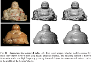 Reconstructing coloured jade.<br />Left: Two input images. Middle: model obtained by multi-view stereo method from [17]. Right: proposed method. The resulting surface is filtered from noise while new high frequency geometry is revealed (note the reconstructed surface cracks in the middle of the figurine’s back) (8562 просмотра) <a class='original' href='./download/file.php?id=42857&mode=view' target=_blank>Загрузить оригинал (344.26 КБ)</a>