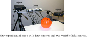 Our experimental setup with four cameras and two variable light sources. (8562 просмотра) <a class='original' href='./download/file.php?id=42871&mode=view' target=_blank>Загрузить оригинал (322.27 КБ)</a>