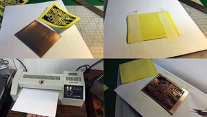 1 - печатаем схему на термобумаге лазерным принтером (для усиления тонера брызгаю спреем-усилителем), подготовка стеклотекстолита при помощи шкурки 800+, с дальнейшим обезжириванием спиртом<br />2 - фиксируем термобумагу на текстолите, приклеиваем бумажным скотчем, сворачиваем лист бумаги пополам в конверт<br />3 - выводим ламинатор на рабочую температуру (180°), прогоняем конверт с платой в течение нескольких минут. Важно, чтобы тонер хорошо прогрелся и прилип к текстолиту.<br />4 - отделяем термобумагу и тонер остается на плате. (2977 просмотров) <a class='original' href='./download/file.php?id=76081&mode=view' target=_blank>Загрузить оригинал (846.19 КБ)</a>