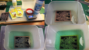 1 - Перекись водорода 3% 100мл, лимонная кислота - 30гр, соль - 5гр. Воду не нужно! Налить в ёмкость и перемешать. Подогрев тоже не нужен.<br />2 - Опускаем плату и ждем начала реакции<br />3 - реакция пошла, прошло 5 минут<br />4 - плата практически протравлена, прошло 10 минут от начала травления.<br />После окончания травления раствор слить в канализацию. (2977 просмотров) <a class='original' href='./download/file.php?id=76082&mode=view' target=_blank>Загрузить оригинал (973.94 КБ)</a>